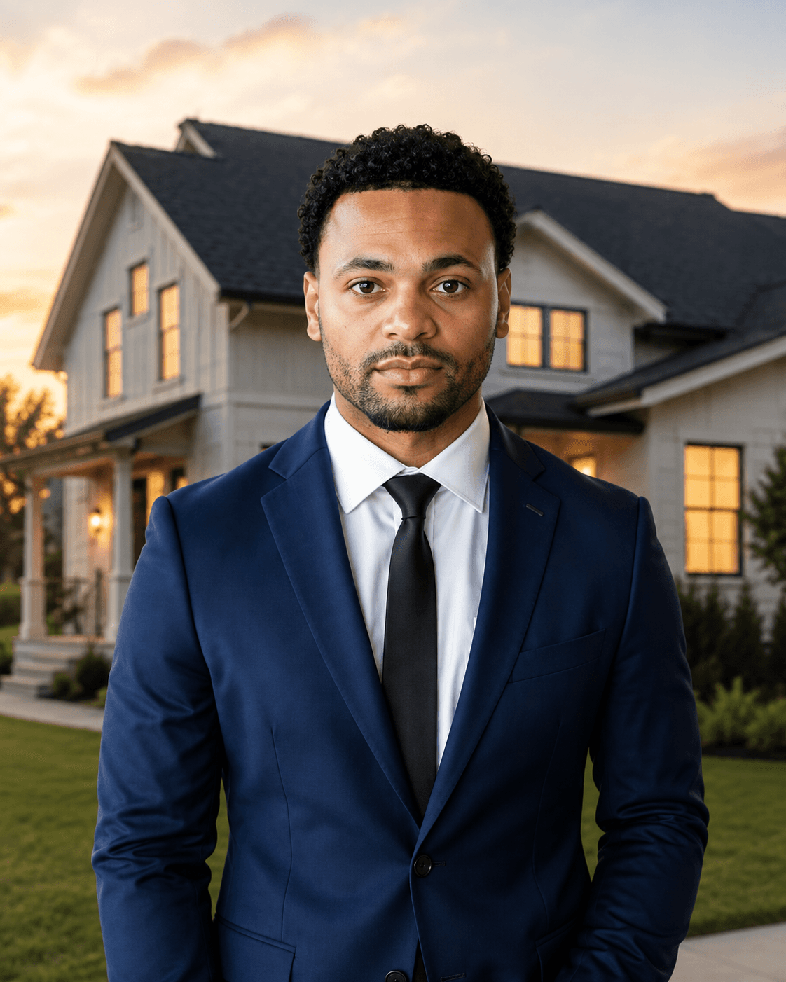 Christian Irving, mortgage loan originator, standing in front of a home at dusk